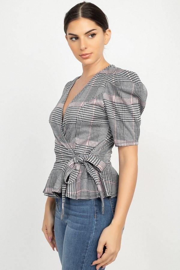 Plaid Front Wrap Puff Sleeve Top - AM APPAREL