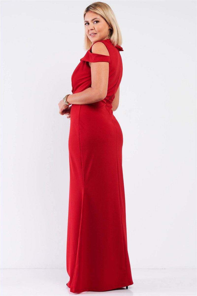 Plus Red Sleeveless Collared Plunging V-neck Maxi Dress - AM APPAREL