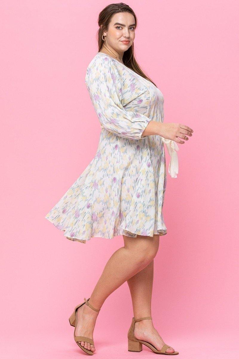 Plus Size Abstract Printed Mini Swing Woven Dress - AM APPAREL