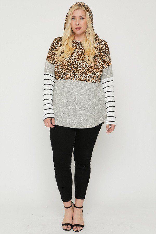 Plus Size Color Block Hoodie Featuring A Cheetah Print - AM APPAREL