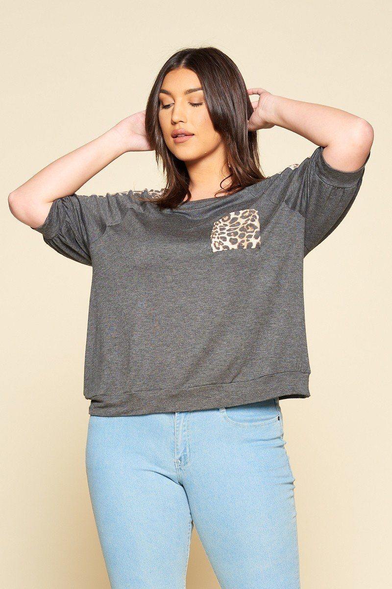 Plus Size Cute Animal Print Pocket French Terry Casual Top - AM APPAREL