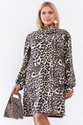 Plus Size Leopard Print Ribbed Cowl Neck Balloon Sleeve Mini Dress - AM APPAREL