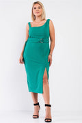 Plus Size Sleeveless Asymmetrical Shoulder Front Slit Detail Belted Dress - AM APPAREL