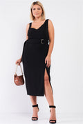 Plus Size Sleeveless Asymmetrical Shoulder Front Slit Detail Belted Dress - AM APPAREL