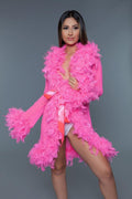 Sheer Short Length Robe With Chandelle Boa Feather Trim - AM APPAREL
