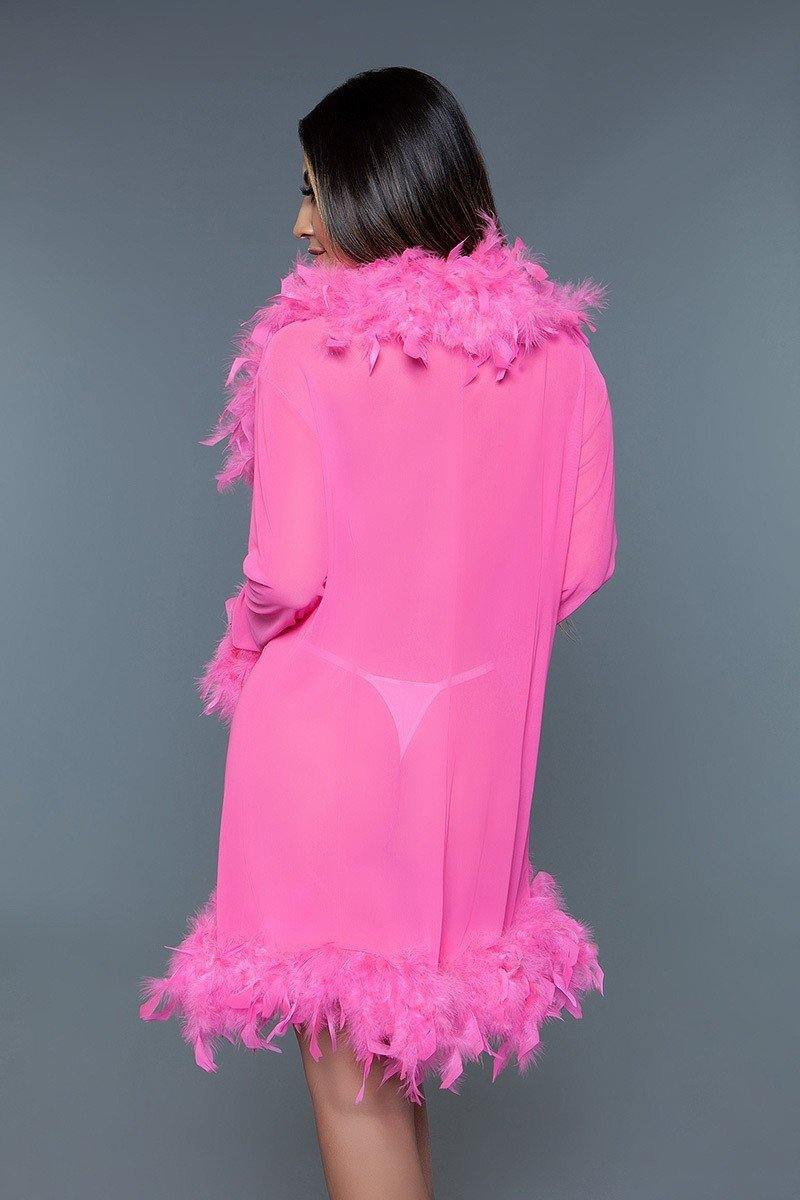 Sheer Short Length Robe With Chandelle Boa Feather Trim - AM APPAREL