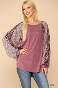 Textured Knit And Animal Print Mixed Dolman Sleeve Top - AM APPAREL