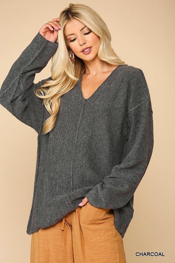 V-neck Solid Soft Sweater Top With Cut Edge - AM APPAREL