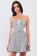 White & Black Floral Crochet Sleeveless Strapless Smock Back Detail Mini Dress - AM APPAREL
