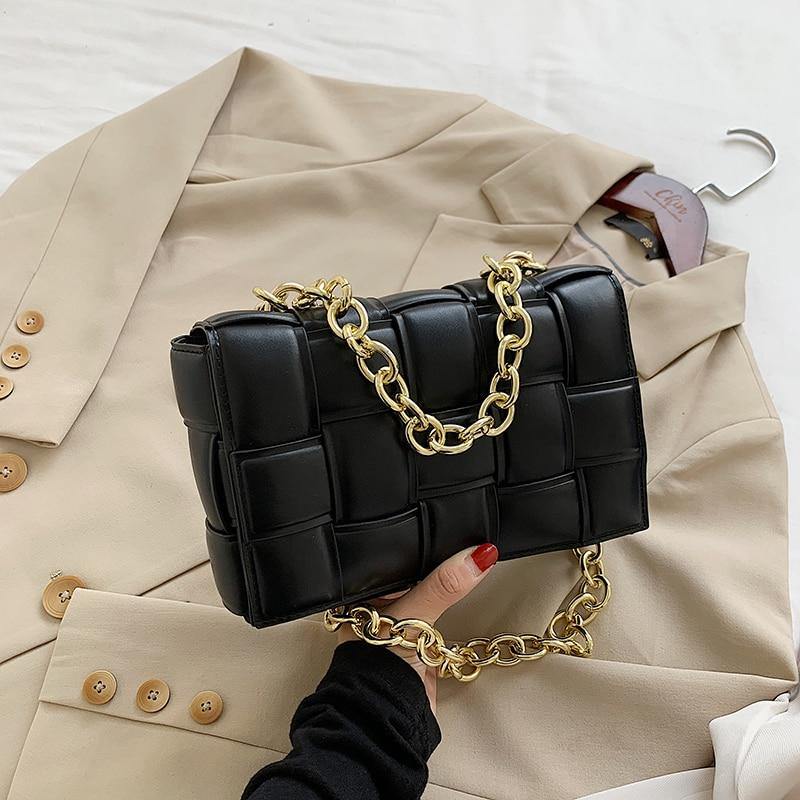 Women's Designer Leather Weave Flap Crossbody Handbag - AM APPAREL