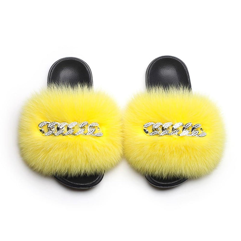 Women's Fluffy Fur Slippers W/ Chain Detail - AM APPAREL