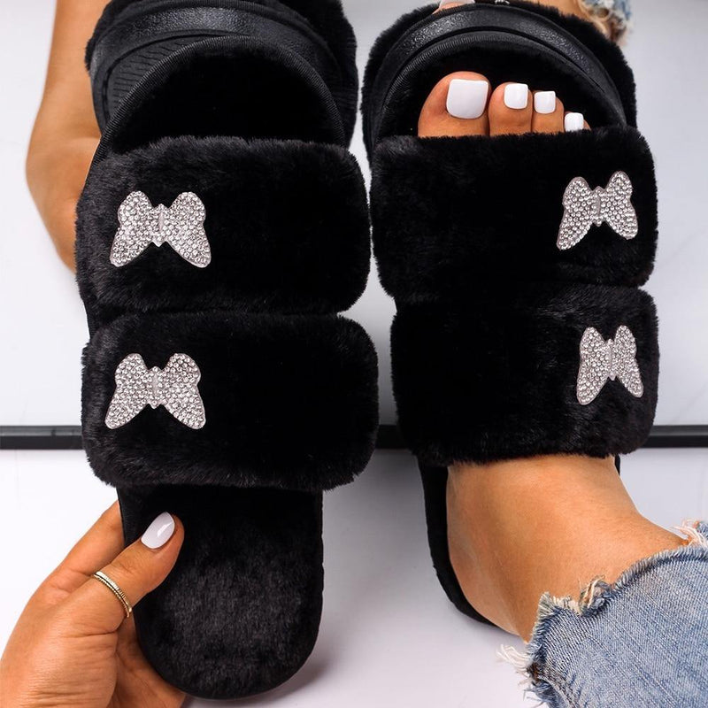 Women's Furr Slippers W/ Rhinestone Butterfly Detail - AM APPAREL