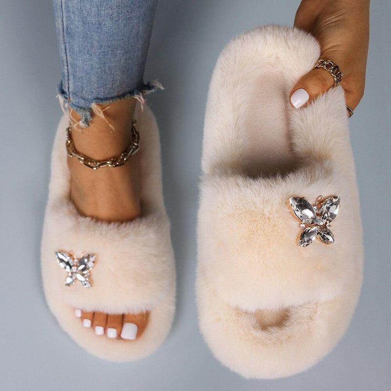 Women's Furry Slides W/ Butterfly Detail - AM APPAREL