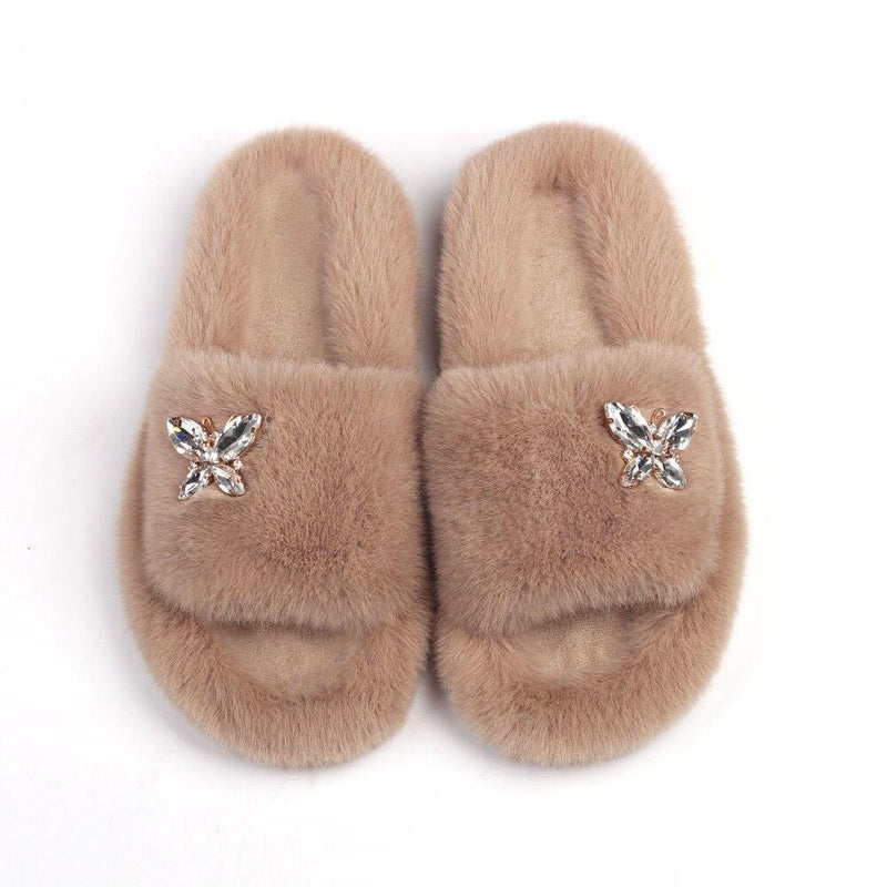 Women's Furry Slides W/ Butterfly Detail - AM APPAREL